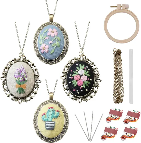 Miniatura 16 de ZOCONE 4 Paquetes de Kits de Collar de Bordado, Kit de Colgante de Bordado Mini Kit de Punto de Cruz con 4 Aros, Collar, Colgante, Tela
