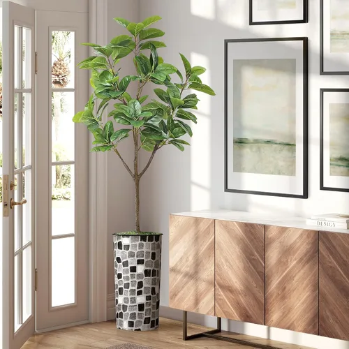 Miniatura 10 de Árbol artificial en macetero moderno con patrón geométrico, palmeras tropicales areca falsas de seda para decoración del hogar en interiores