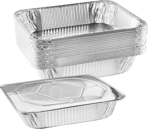 NYHI Sartenes desechables de papel de aluminio de 9 x 13 pulgadas con tapas, bandeja de vapor profundo de tamaño medio grande y bandejas para horno,