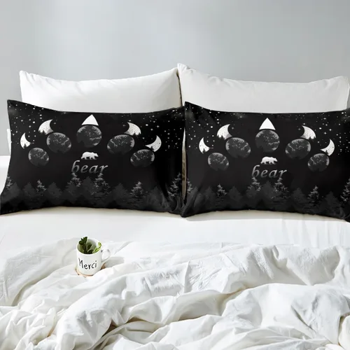 Miniatura 4 de Manfei Sábana bajera ajustable de oso tamaño individual, funda de cama con silueta de árbol gris y negro con 1 funda de almohada, juego de ropa