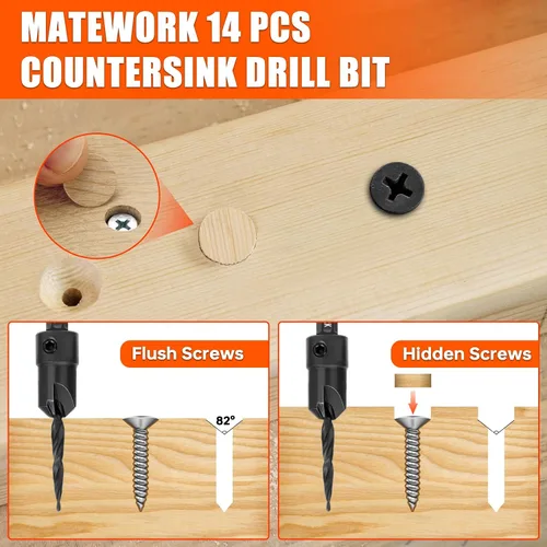 Miniatura 7 de Juego de brocas avellanadas, 15 piezas M2 cobalto HSS juego de herramientas de carpintería, juego de brocas cónicas de profundidad ajustable con 4
