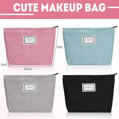 Miniatura 2 de Sanwuta Paquete de 4 bolsas de terciopelo para maquillaje, bolsa de cosméticos para mujer, bolsa de pana de gran capacidad, con cremallera, de lona