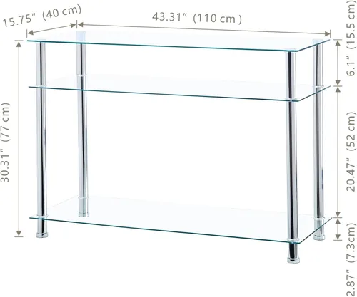 Miniatura 2 de Mesa consola de cristal plateado para entrada, moderna y cómoda mesa de sofá de vidrio de 3 niveles con patas cromadas, sala de estar, pasillo