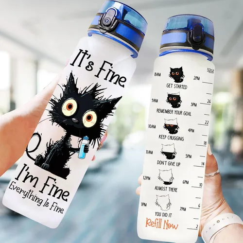 Miniatura 5 de 34HD Crazy Cat Botella de Agua 32 oz Plástico Tritan, Its Fine Everything Is Fine Botella de Agua, Regalos Divertidos de Cumpleaños Día