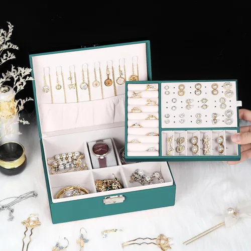Miniatura 33 de Joyero para mujeres y niñas, contenedor organizador de joyas de 2 capas con cerradura, estuche de almacenamiento de piel sintética con bandeja