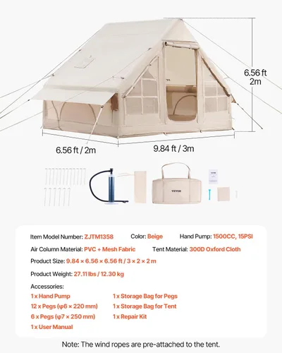 Miniatura 7 de VEVOR Tienda de campaña inflable para camping, tienda inflable de fácil instalación con bomba de mano, tienda de campaña Glamping para 4 estaciones
