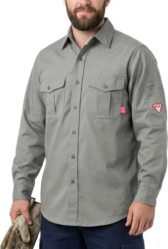 Miniatura 9 de TICOMELA Camisa de soldadura FR de peso medio para hombre, 7.5oz 100% algodón NFPA 2112 CAT2 - Camisa de trabajo con botones resistente al fuego