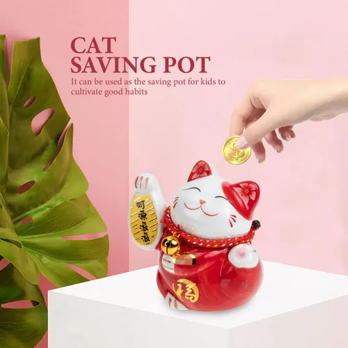 Miniatura 2 de Tofficu Adorable banco de monedas de cerámica roja de gato de la suerte, decoración de Feng Shui, bonita decoración de habitación, gato chino