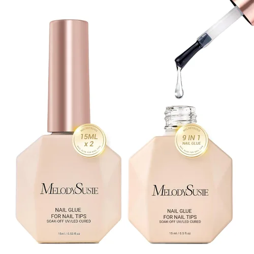 MelodySusie Pegamento de uñas de gel 9 en 1 sin TPO para puntas de uñas postizas, 2 unidades de 0.5 fl oz de luz UV de larga duración requerida,