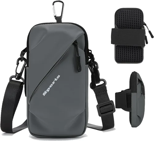 Brazaletes para teléfono celular para correr, soporte para teléfono con brazalete, funda de hombro, cartera para teléfono, bolsa cruzada tipo Gris