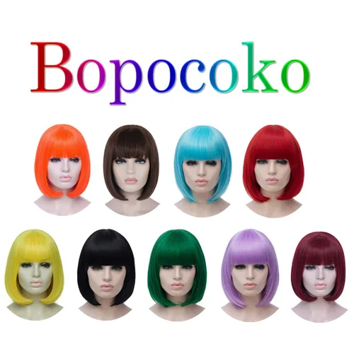Miniatura 7 de Peluca de pelo corto Bob con flequillo recto sintético peluca natural como pelo real 12 pulgadas