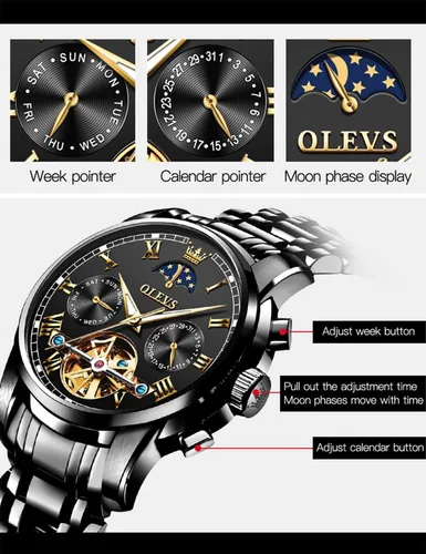 Miniatura 7 de OLEVS Relojes automáticos de cuerda automática para hombre, fecha y día, calendario, relojes de acero inoxidable, movimiento esquelético