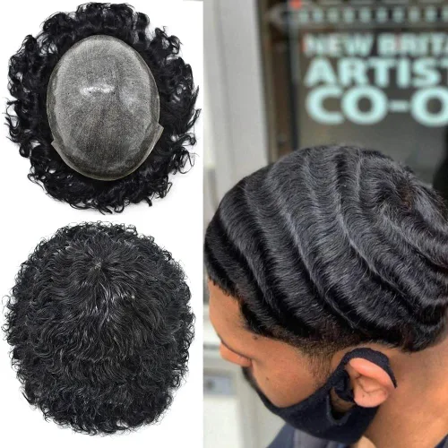 Miniatura 14 de Afro Toupee para hombres negros, rizado brasileño, pieza de cabello humano afroamericano afro ondulado para hombre, sistema de reemplazo de piel