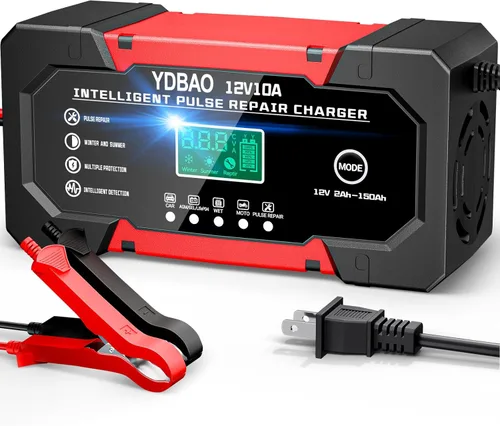 Cargador de Batería 10A 12V Cargador de Batería de Coche Completamente Automático Inteligente con Pantalla LCD y Compensación de Temperatura para