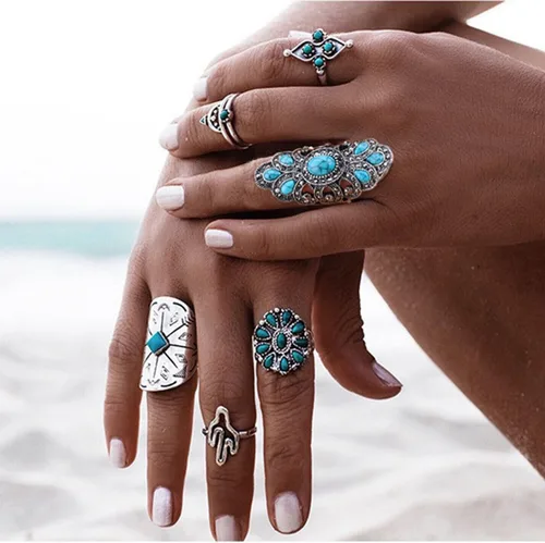 Miniatura 3 de LadayPoa Anillos vintage azul turquesa para mujer, anillos largos de flores gruesas, anillo de dedo bohemio retro grande, accesorios de joyería punk