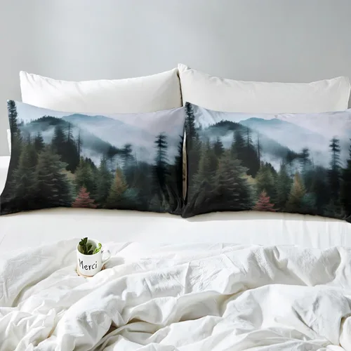 Miniatura 4 de Erosebridal - Juego de ropa de cama con diseño de parque nacional, funda de edredón de montañas humeantes, funda de edredón verde bruma y árbol