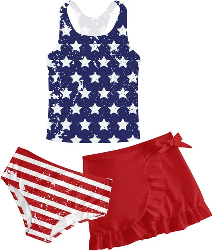 Miniatura 67 de Traje de baño tankini de 3 piezas para niñas, lindo bikini con salida de baño con falda de playa de 5 a 16 años