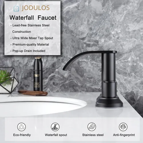 Miniatura 4 de Grifo central de baño de 4 pulgadas, color negro mate, grifo de lavabo de 2 manijas con tapón de drenaje emergente, grifo de fregadero de baño