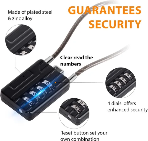 Miniatura 2 de SEPOX® Candado de Combinación de 4 Dígitos Reiniciable Versátil Twins con Cable Extremadamente Largo – Contraseña Personalizada, Cable de Acero