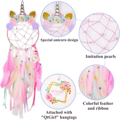 Miniatura 5 de QtGirl Atrapasueños para niños, decoración de pared de unicornio para dormitorio de niñas, decoración de flores para colgar en la pared