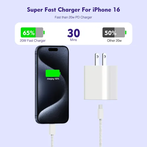 Miniatura 3 de [Paquete de 3] Cargador largo de 10 pies para iPhone 17 16e 15, bloque de cargador de pared de carga rápida de 20W, cable trenzado tejido USB C a C