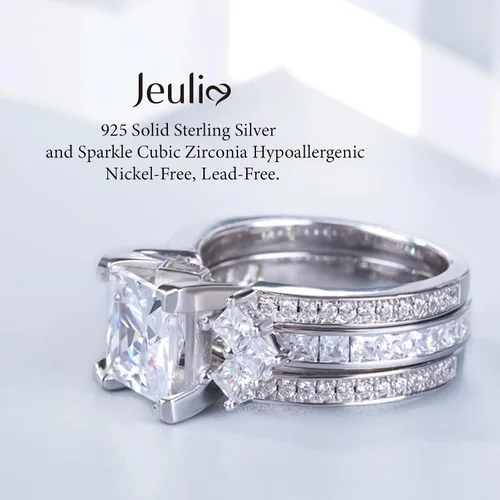 Miniatura 5 de Jeulia - Juego de anillos de novia de 4.1 quilates para mujer, anillos de compromiso de corte princesa, anillos intercambiables de boda de plata
