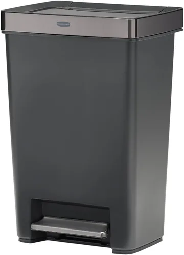 Rubbermaid Serie Premier IV Contenedor de basura con tapa para pisar para el hogar y la cocina, 12.4 galones, tapa de acero inoxidable color carbón,