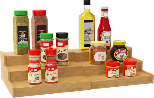 Lenwi Organizador de estante de especias para gabinete, de bambú expandible de 3 niveles, ideal para gabinete de cocina, armario, despensa y más