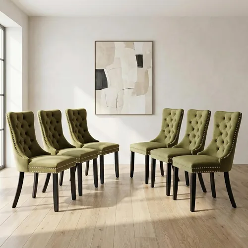 Miniatura 137 de OVENTA Juego de 4 sillas de comedor modernas tapizadas copetudas, terciopelo negro y gris y cuero con patas de madera maciza, sillas de cocina