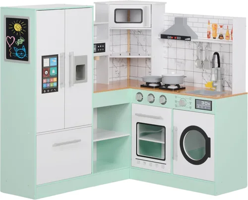 Qaba Rincón de Cocina de Juguete, Juego de Cocina para Niños con Pizarra, Campana Extractora, Máquina de Hielo, Estufa, Refrigerador Microondas,
