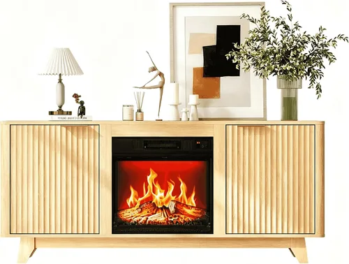 Miniatura 7 de VINGLI - Soporte de TV con chimenea para televisores de hasta 70 pulgadas, centro de entretenimiento acanalado con calefacción eléctrica y estantes