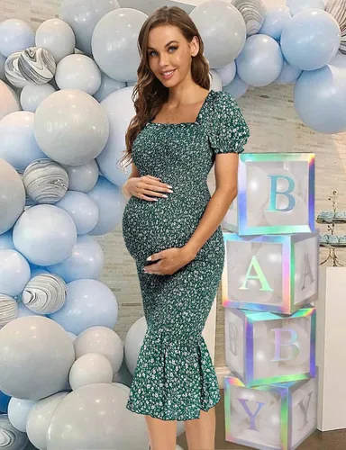 Miniatura 4 de Vestidos de maternidad midi bodycon floral de primavera, manga larga abombada cuello cuadrado dobladillo con volantes sirena baby showersesión