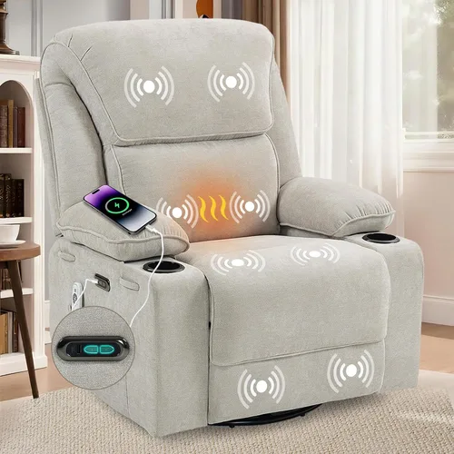 Miniatura 9 de Sillón reclinable eléctrico con balanceo, giratorio y deslizador, silla de guardería con botón de un toque, masaje vibratorio y calor, puertos