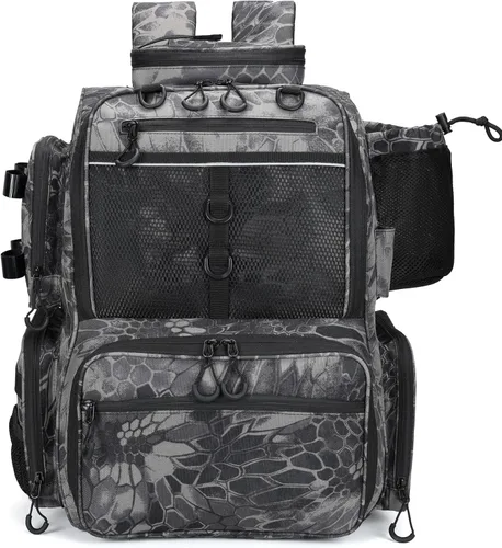 Rabjen Mochila de aparejos de pesca con soportes para caña, soporte para botellas, bolsa de almacenamiento, tienda de equipo de pesca Camuflaje Negro