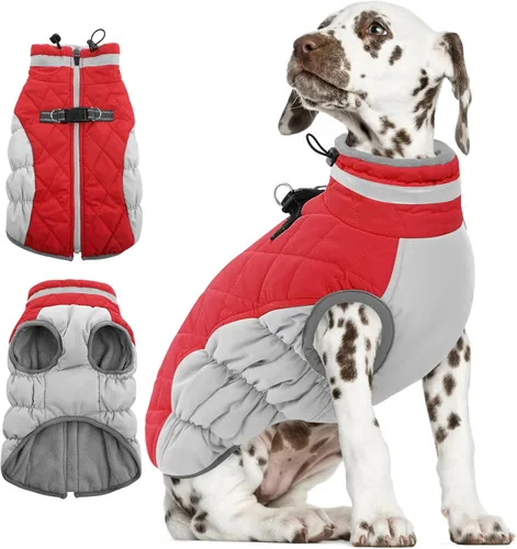 Miniatura 39 de AOFITEE Abrigo para perro, chaquetas cálidas para perros grandes, abrigo reflectante de cuello alto para perros con arnés integrado, impermeable