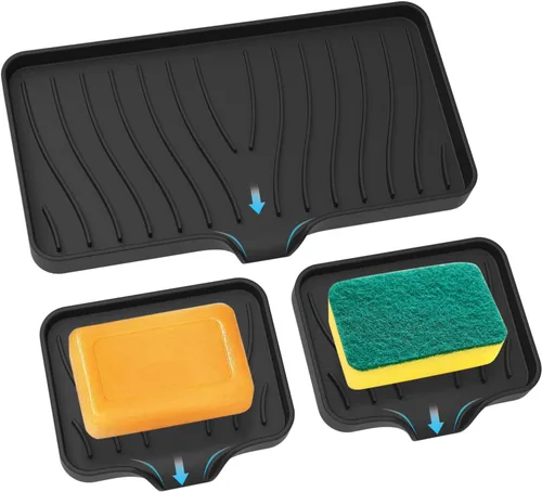 Paquete de 3 jaboneras de cocina, soporte para jabón autodrenante antideslizante (mantiene la barra de jabón seca), soporte para jabón de barra para