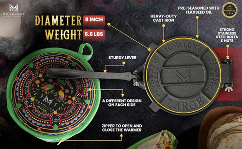 Miniatura 4 de Movaluxe® Prensa de tortilla de hierro fundido de 8 pulgadas GRANDE - Máquina para hacer maíz y harina Roti Prensador de tortillera resistente. Con