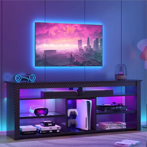Miniatura 10 de Bestier Soporte de TV para TV de 70 pulgadas, centro de entretenimiento alto con 2 luces LED, consola de TV para juegos con almacenamiento para PS5