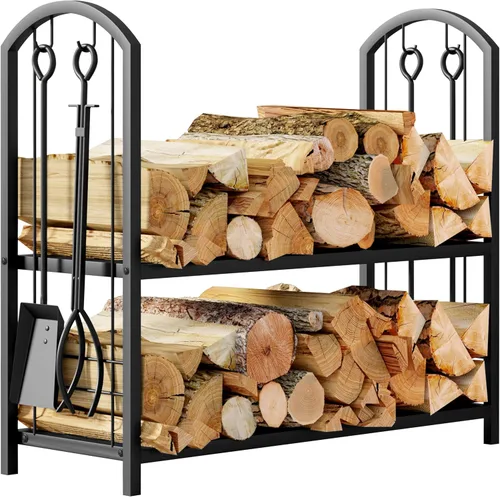 Fire Beauty - Soporte para leña de chimenea con 5 piezas, soporte para troncos con juego de herramientas de 4 piezas, soporte para leña para la