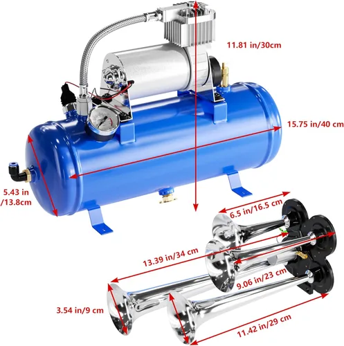 Miniatura 2 de Kit de bocina de aire de tren de 150 DB, kit de 4 bocinas de tren ruidosas para compresor de aire de 150 PSI 12V 1.59 galones para camiones, Azul