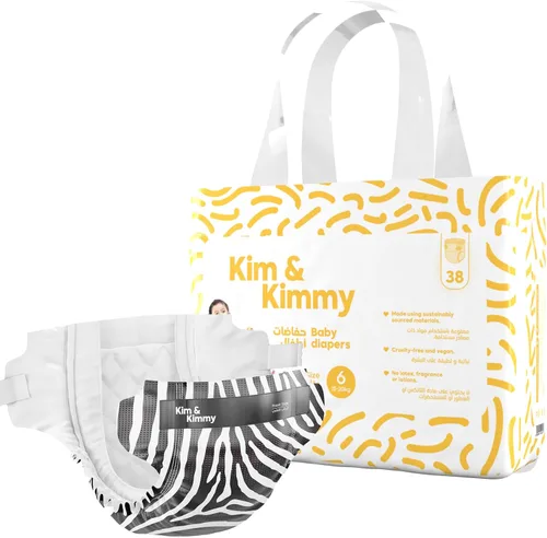 Kim & Kimmy Pañales ecológicos, talla 6, 33-44 libras, 38 pañales – Protección contra fugas de 12 horas, sin erupciones, hipoalergénico, ultrasuave