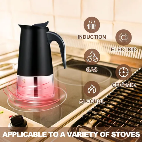 Miniatura 5 de Estufa de 2 tazas de acero inoxidable, cafetera italiana, capacidad para café moca, cocina clásica de inducción para el hogar y campamento, 3.3