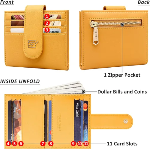 Miniatura 5 de Badiya Billeteras pequeñas para mujer, billetera plegable multitarjetero delgado con cremallera, Amarillo, Minimalista
