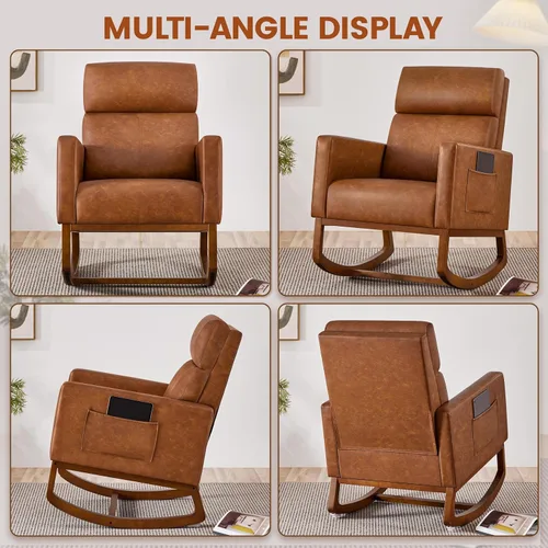 Miniatura 7 de Yaheetech - Silla deslizante de cuero, silla mecedora moderna, silla mecedora de cuero sintético para cuarto de bebé con patas de madera de goma