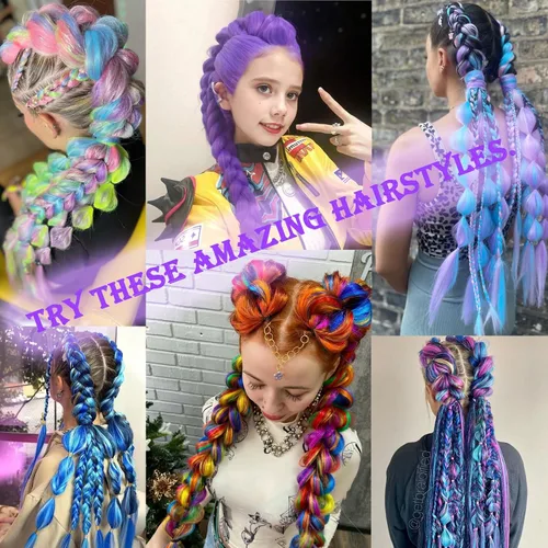 Miniatura 2 de Paquete de 3 extensiones de cabello trenzado de colores de 24 pulgadas, extensiones de cabello sintético para trenzar, morado, verde, amarillo