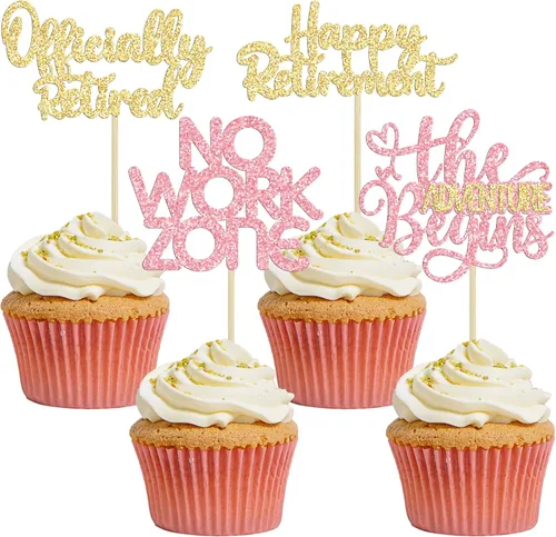Miniatura 12 de 24 adornos para cupcakes de jubilación oficialmente jubilados sin zona de trabajo Adventure Begins Cupcake Pick Decoraciones tema de jubilación