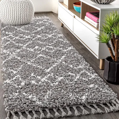 Miniatura 8 de Eyely RCM102A-28 Mercer SHAG - Alfombra de pasillo para interiores con borlas, marroquí, tribal, geométrica, enrejado, contemporánea; bohemio, Azul