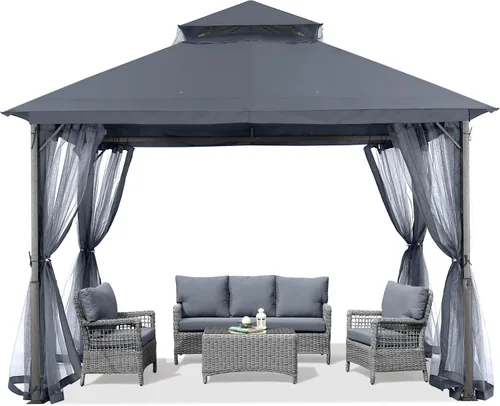 Miniatura 2 de ABCCANOPY Gazebo para patio al aire libre, 11 x 11 pies, toldo de doble techo con mosquitera para patio trasero, terraza, jardín, césped, gris oscuro