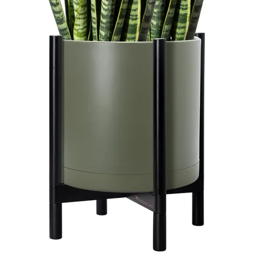 Miniatura 43 de Maceta de D'vine Dev con soporte - Maceta de flores de cilindro de plástico de 8.0 pulgadas con soporte de madera para interiores, maceta mate negra