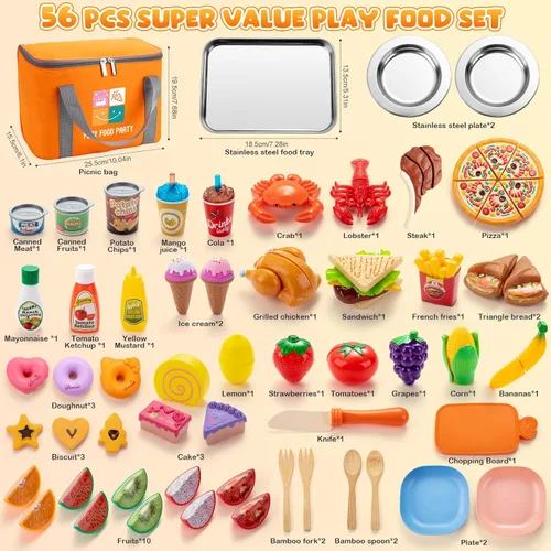Miniatura 7 de Juboury - Juego de comida de simulación para niños pequeños, alimentos de juguete para cortar con bolsa de almacenamiento, bandeja y platos de acero